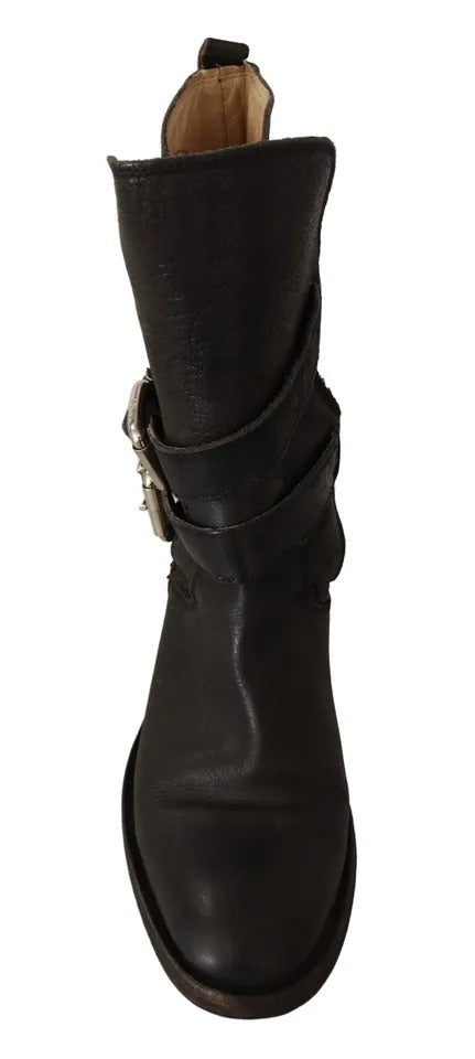 Dolce & Gabbana Bottes Mi-Mollet en Cuir Noir avec Boucle
