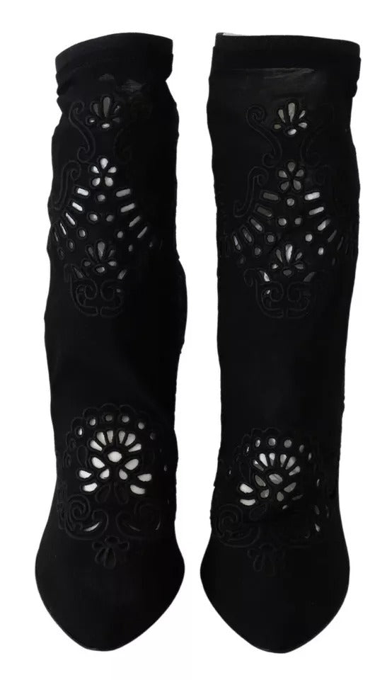 Dolce & Gabbana Black Stretch Pumps Boots with Floral Lace