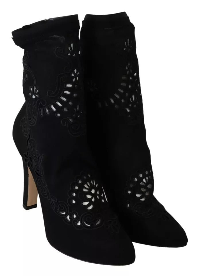 Dolce & Gabbana Black Stretch Pumps Boots with Floral Lace