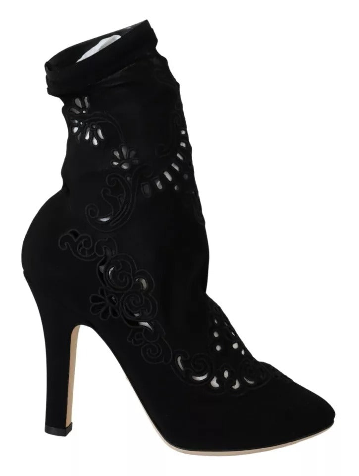 Dolce & Gabbana Zwarte Elastische Ankle Boots met Bloemenkant