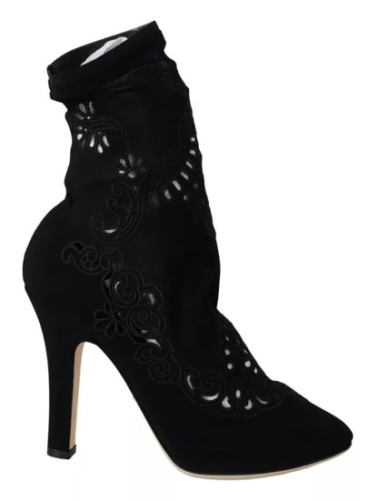 Dolce & Gabbana Zwarte Elastische Ankle Boots met Bloemenkant