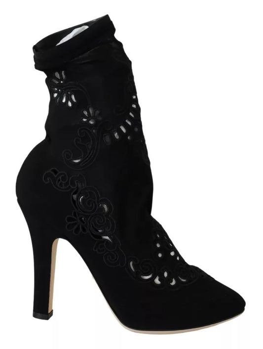Dolce & Gabbana Zwarte Elastische Ankle Boots met Bloemenkant