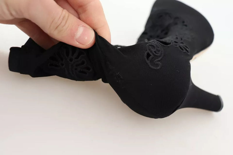 Dolce & Gabbana Black Stretch Pumps Boots with Floral Lace