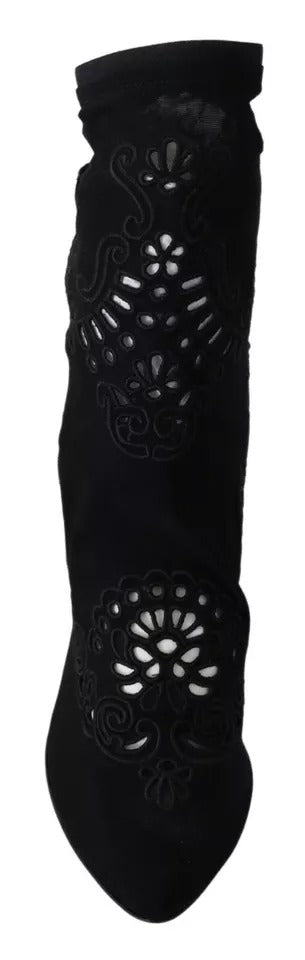 Dolce & Gabbana Black Stretch Pumps Boots with Floral Lace