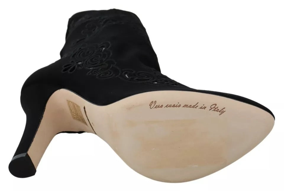 Dolce & Gabbana Zwarte Elastische Ankle Boots met Bloemenkant