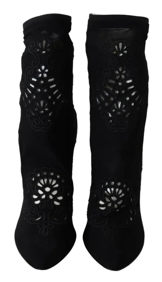 Dolce & Gabbana Black Stretch Pumps Boots with Floral Lace Design