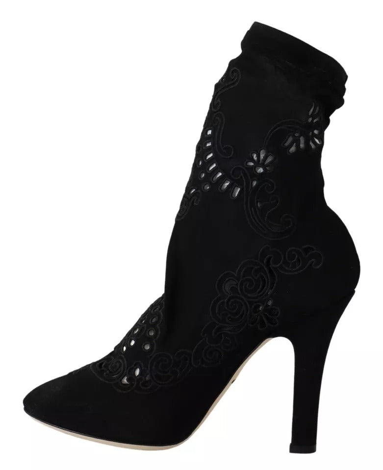 Dolce & Gabbana Zwarte Elastische Ankle Boots met Bloemenkant