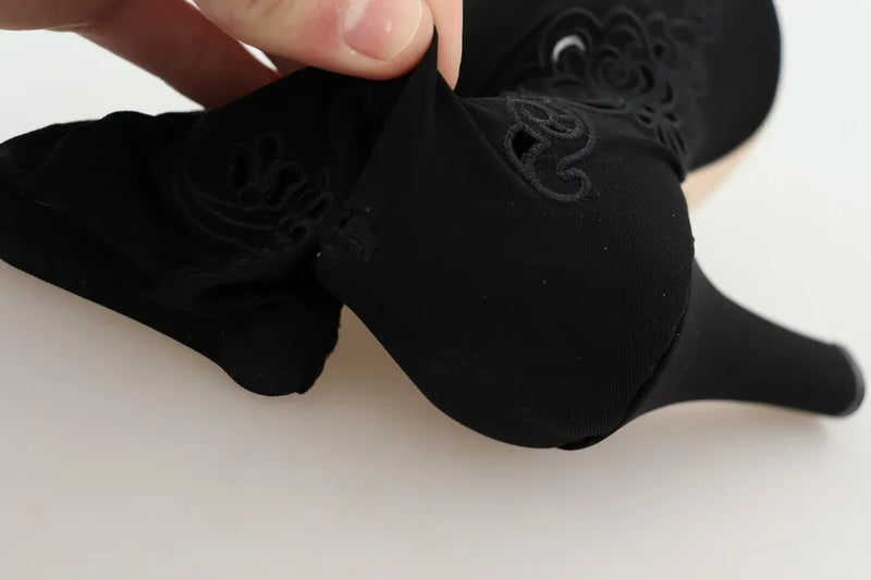 Dolce & Gabbana Black Stretch Pumps Boots with Floral Lace Design