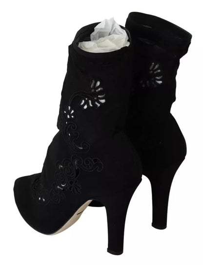 Dolce & Gabbana Zwarte Elastische Ankle Boots met Bloemenkant