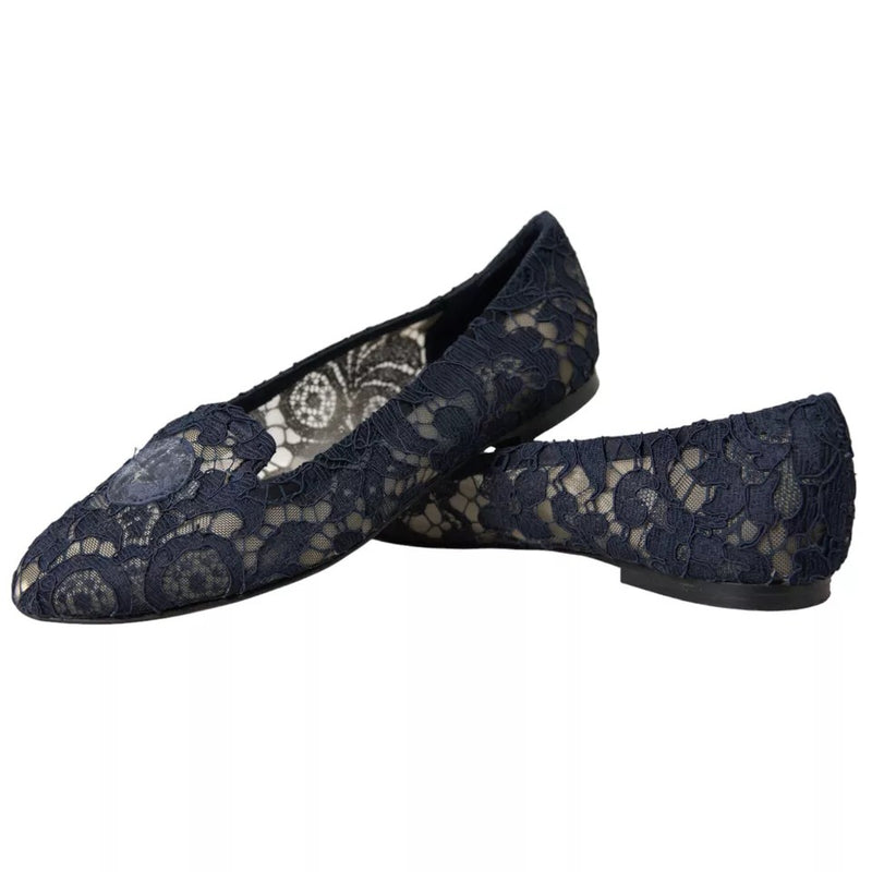 Dolce & Gabbana Dark Blue Taormina Lace Slip On Flats