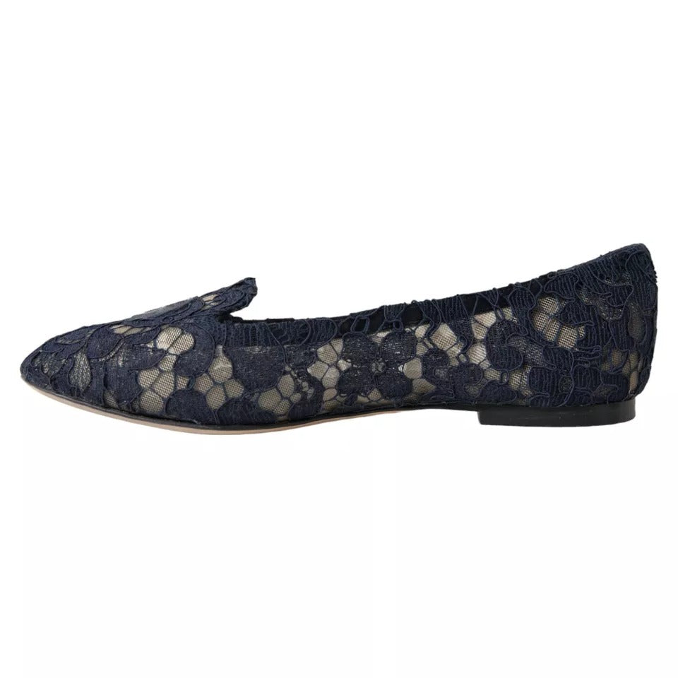 Dolce & Gabbana Dark Blue Taormina Lace Slip On Flats