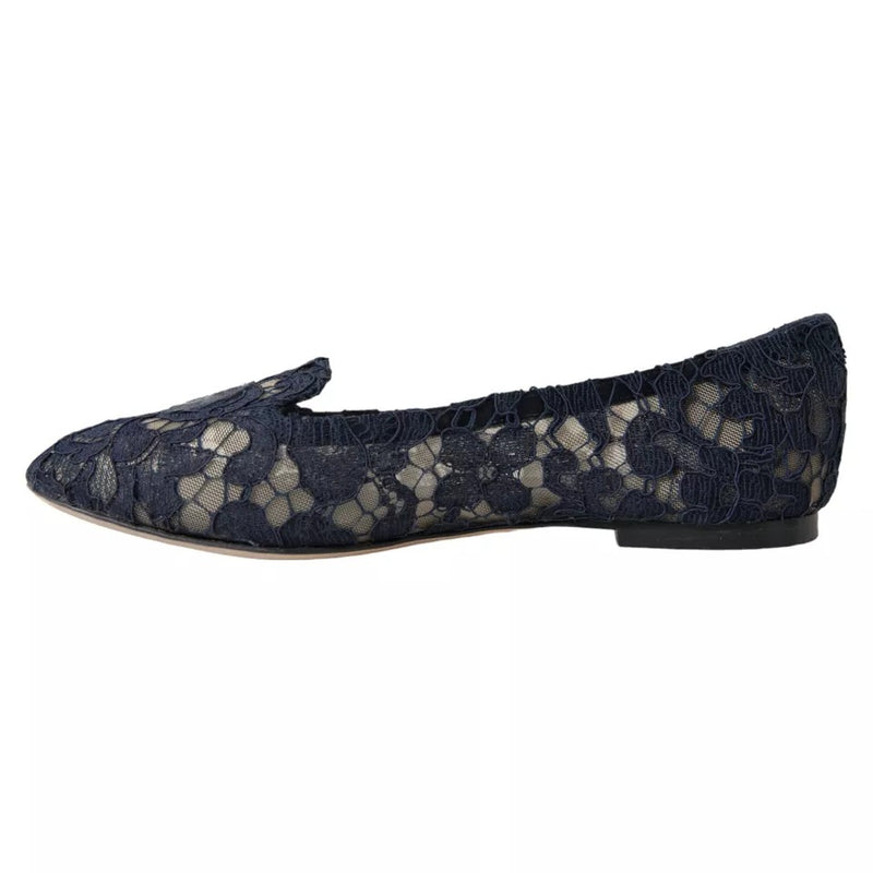 Dolce & Gabbana Dark Blue Taormina Lace Slip On Flats