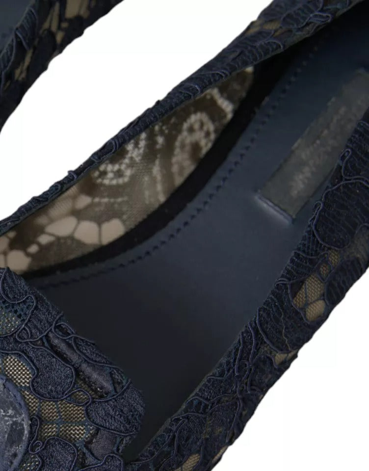 Dolce & Gabbana Dark Blue Taormina Lace Slip On Flats