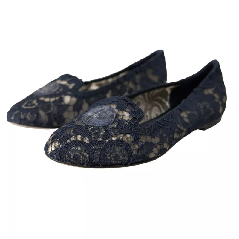 Dolce & Gabbana Dark Blue Taormina Lace Slip On Flats