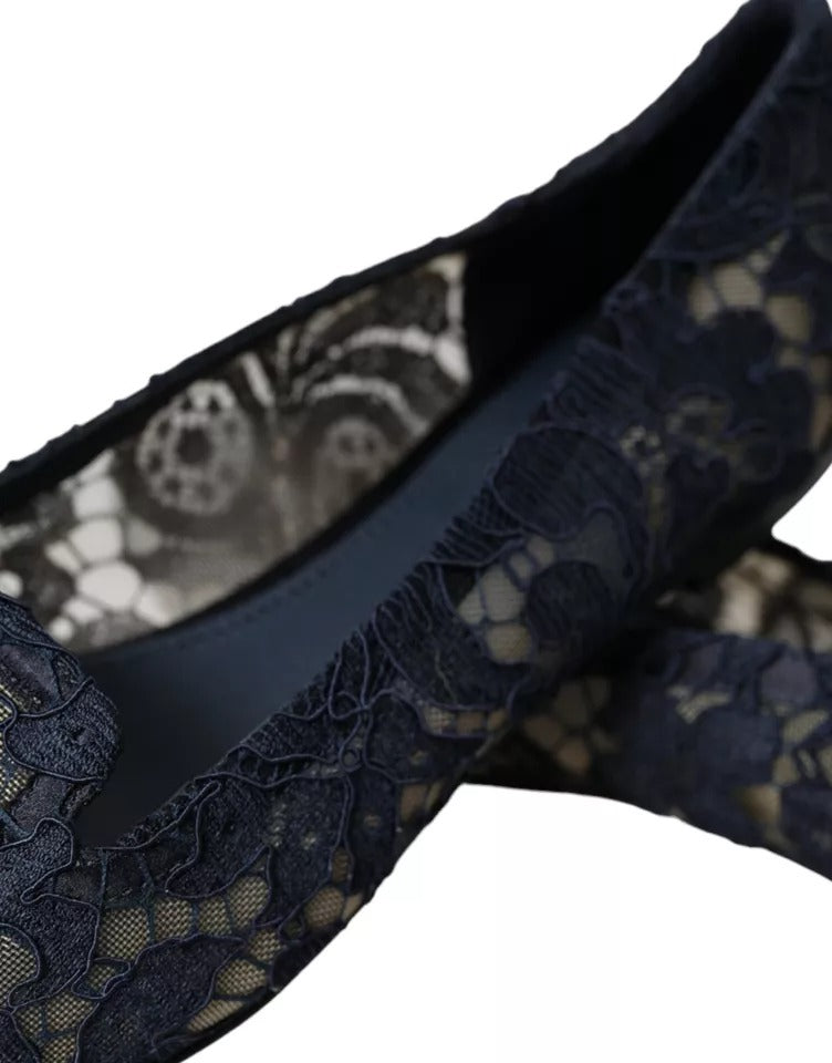 Dolce & Gabbana Dark Blue Taormina Lace Slip On Flats