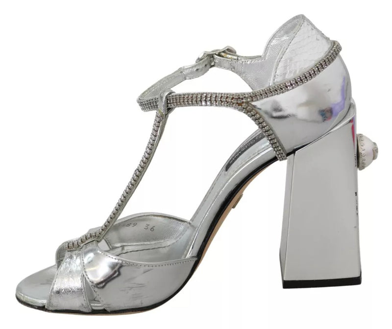 Dolce & Gabbana Sandales T-strap Argent avec Cristaux - Cuir Authentique