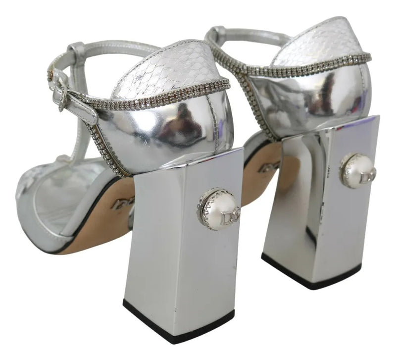 Dolce & Gabbana Sandales T-strap Argent avec Cristaux - Cuir Authentique