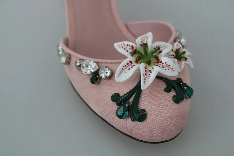 Dolce & Gabbana Pink Brocade Crystal Lily Ankle Strap Shoes