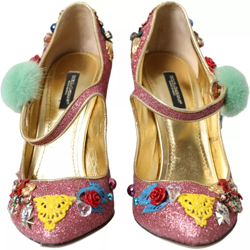 Dolce & Gabbana Pink Embellished Fur Mary Jane Pumps