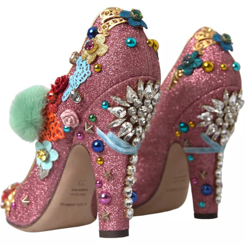 Dolce & Gabbana Pink Embellished Fur Mary Jane Pumps