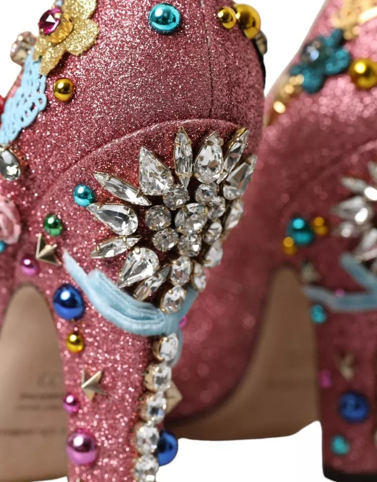 Dolce & Gabbana Pink Embellished Fur Mary Jane Pumps