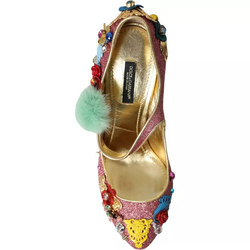 Dolce & Gabbana Pink Embellished Fur Mary Jane Pumps