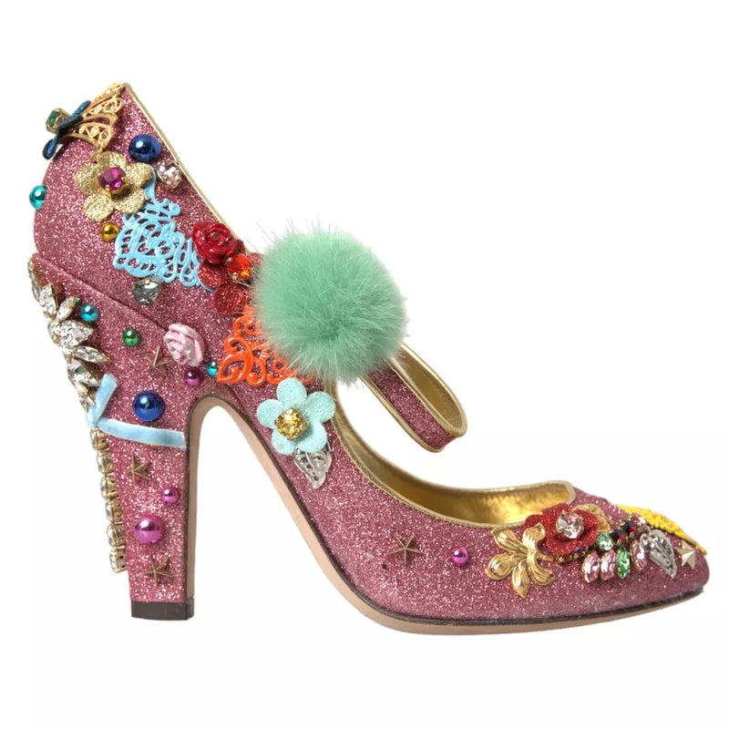 Dolce & Gabbana Pink Embellished Fur Mary Jane Pumps