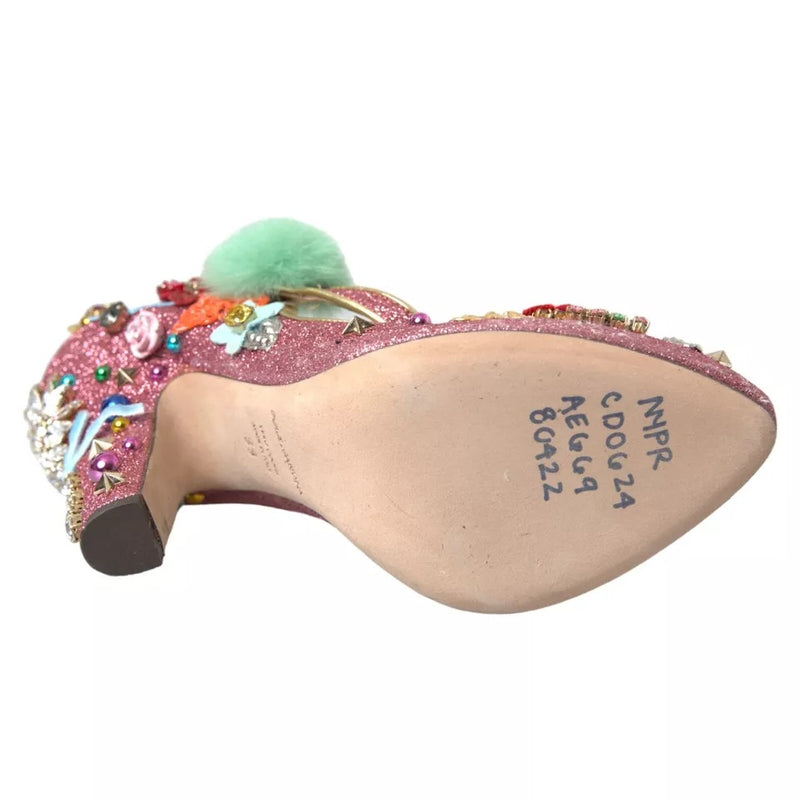 Dolce & Gabbana Pink Embellished Fur Mary Jane Pumps