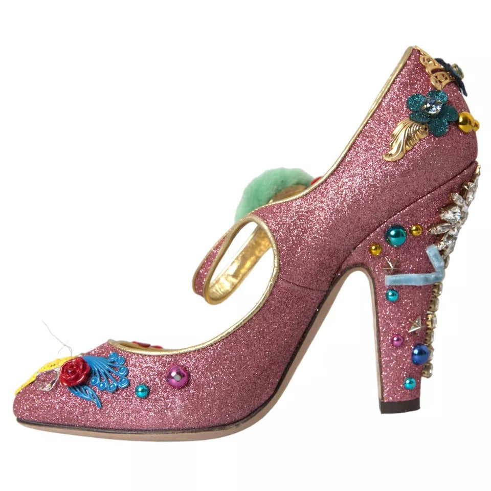 Dolce & Gabbana Pink Embellished Fur Mary Jane Pumps