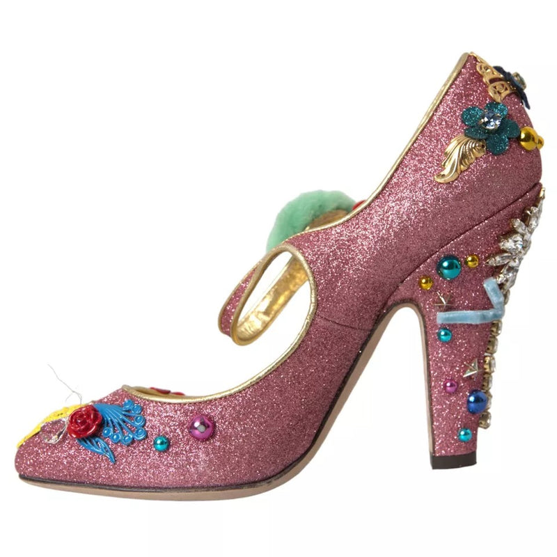 Dolce & Gabbana Pink Embellished Fur Mary Jane Pumps