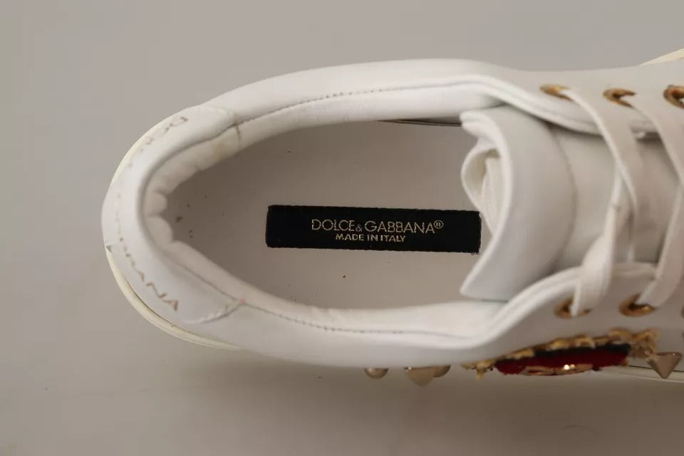 Dolce & Gabbana White Leather Gold Red Heart Sneakers