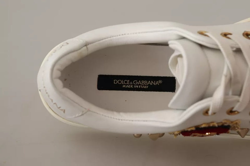 Dolce & Gabbana White Leather Gold Red Heart Sneakers