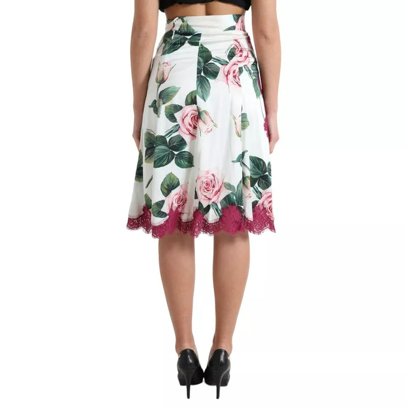 Jupe Midi A-line à Imprimé Rose Blanche Dolce & Gabbana