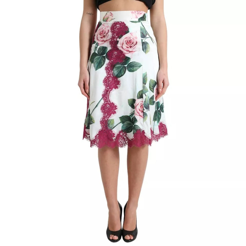 Jupe Midi A-line à Imprimé Rose Blanche Dolce & Gabbana