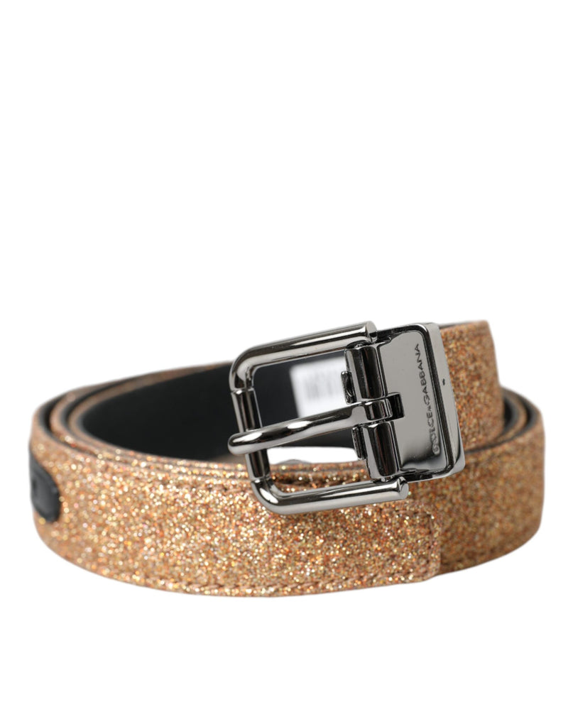 Dolce & Gabbana Ceinture en Cuir Glitter Doré avec Boucle Métallique Argentée
