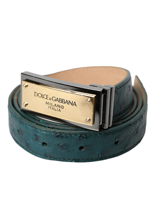 Dolce & Gabbana Groene Leren Riem met Gouden Logo en Gegraveerde Gesp