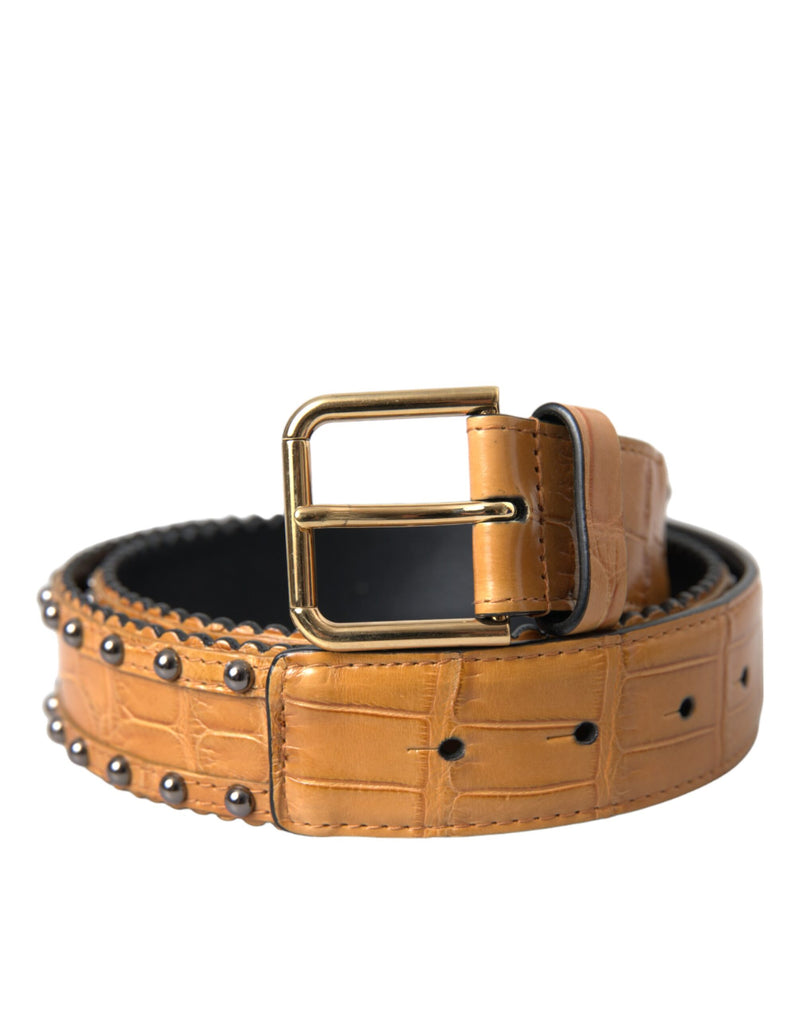 Dolce & Gabbana Ceinture en Cuir Alligator Beige avec Boucle Métallique Cloutée