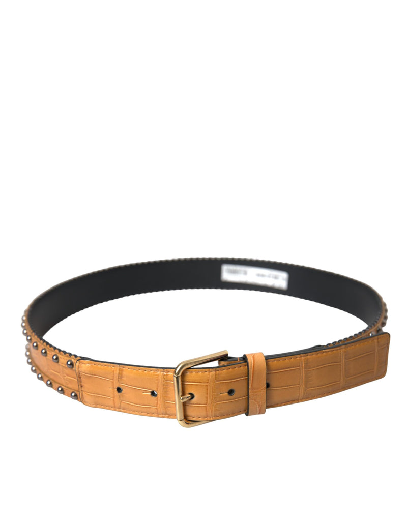 Dolce & Gabbana Ceinture en Cuir Alligator Beige avec Boucle Métallique Cloutée
