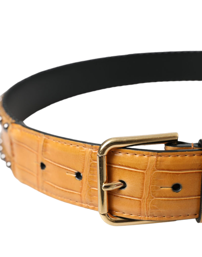 Dolce & Gabbana Ceinture en Cuir Alligator Beige avec Boucle Métallique Cloutée