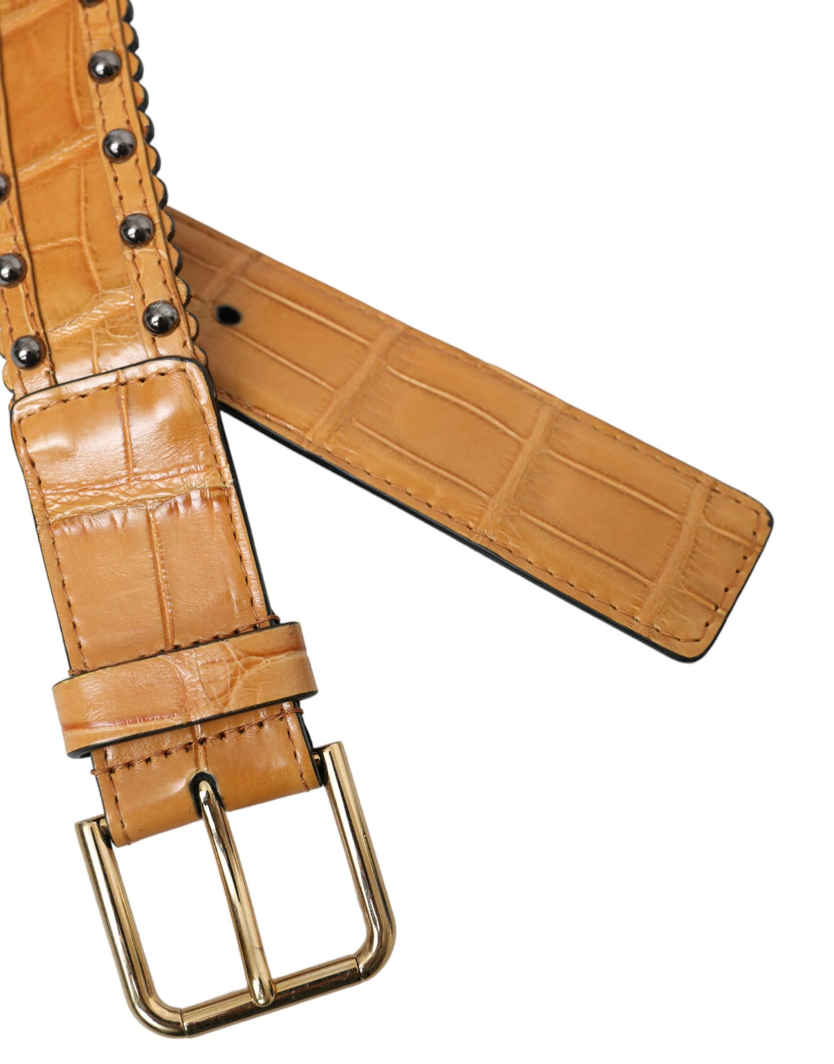 Dolce & Gabbana Ceinture en Cuir Alligator Beige avec Boucle Métallique Cloutée