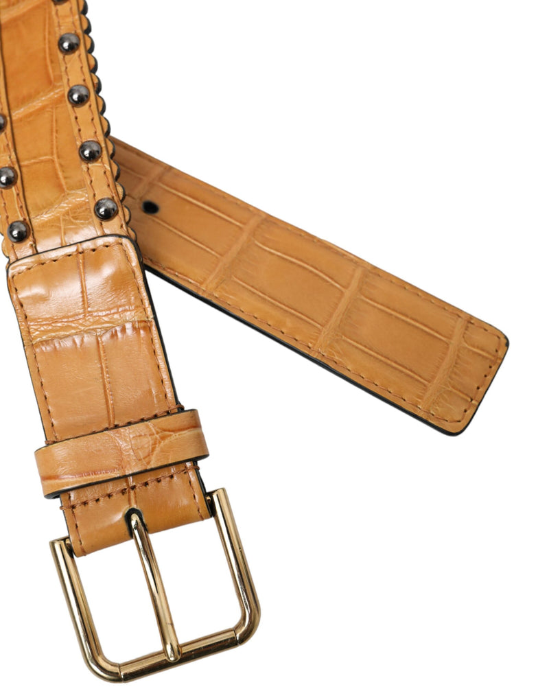 Dolce & Gabbana Ceinture en Cuir Alligator Beige avec Boucle Métallique Cloutée