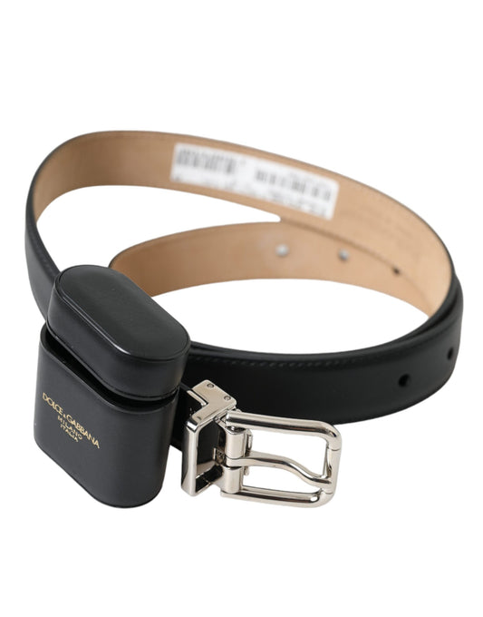 Dolce & Gabbana Zwarte Leren Airpods Case Zilveren Gesp Riem