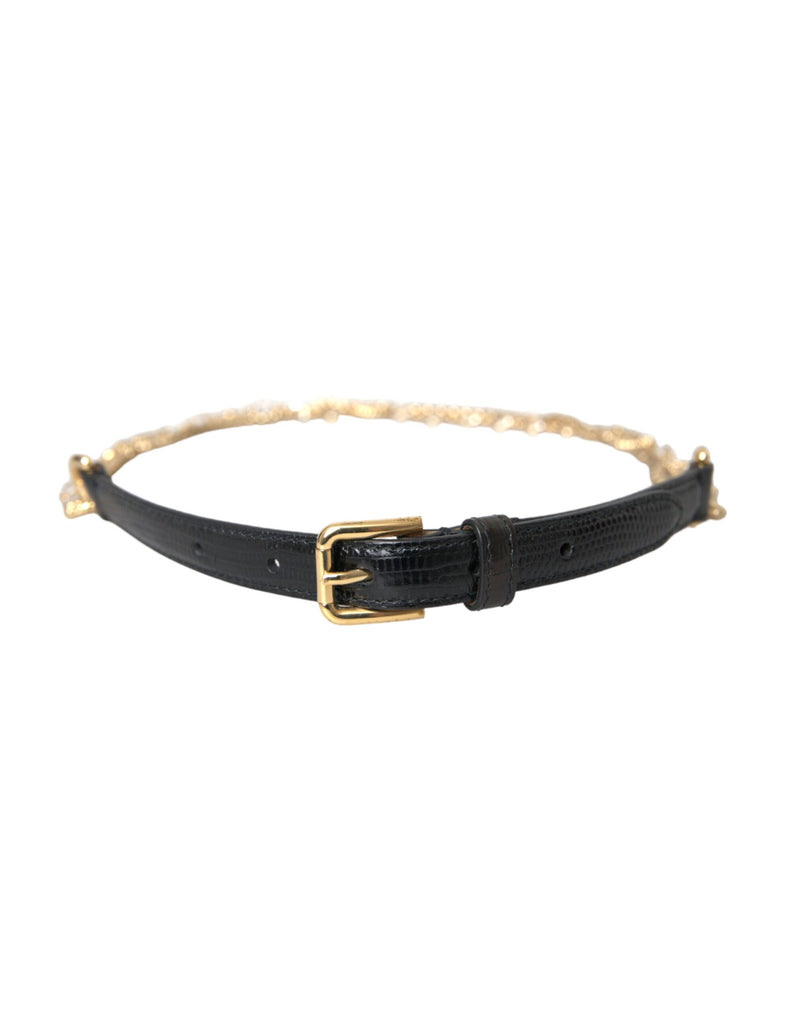 Dolce & Gabbana Black Leather Gold Chain Crystal Waist Belt