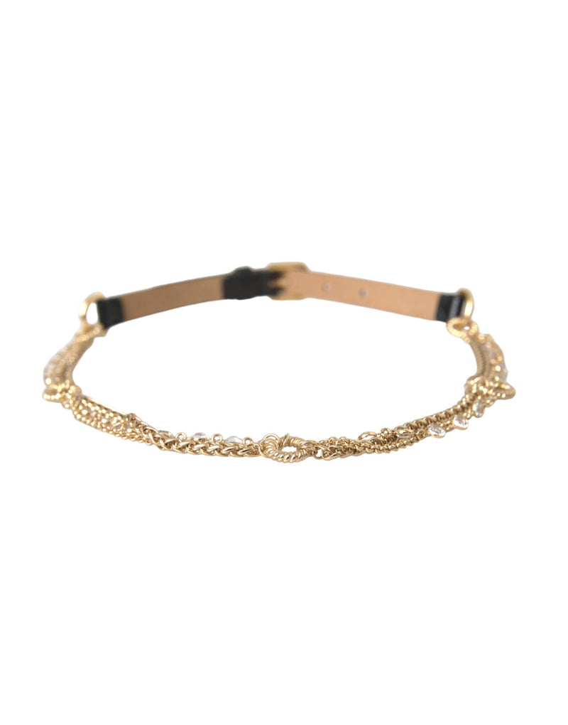 Dolce & Gabbana Black Leather Gold Chain Crystal Waist Belt