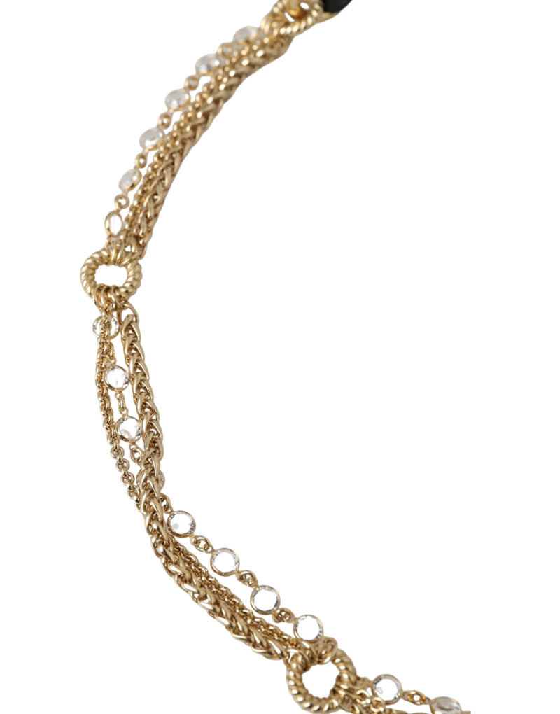 Dolce & Gabbana Black Leather Gold Chain Crystal Waist Belt