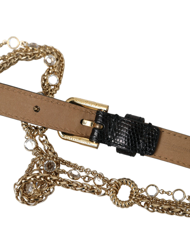 Dolce & Gabbana Black Leather Gold Chain Crystal Waist Belt