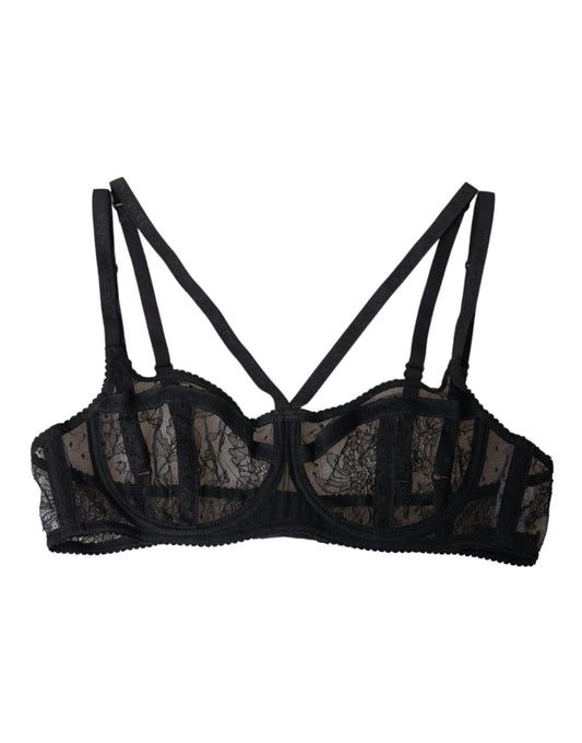 Dolce & Gabbana Black Floral Lace Balconcino Bra