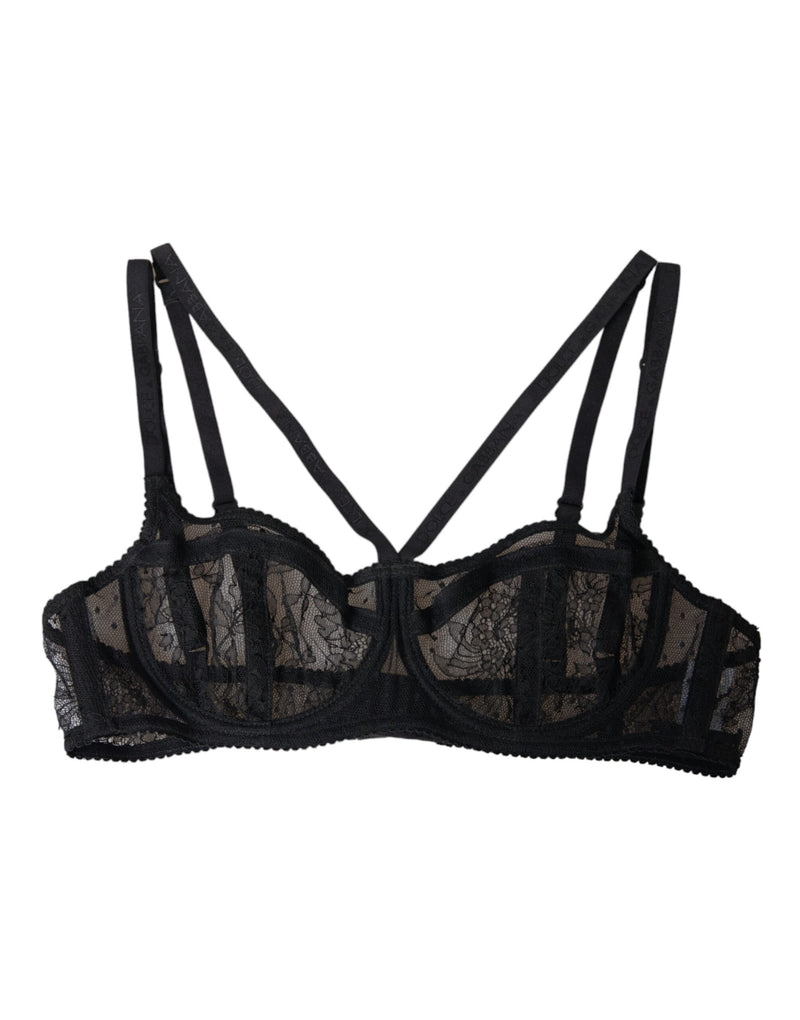 Dolce & Gabbana Black Floral Lace Balconcino Bra