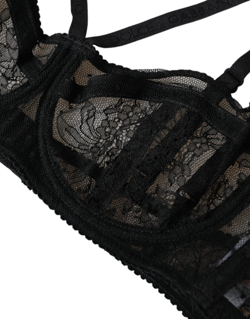 Dolce & Gabbana Black Floral Lace Balconcino Bra