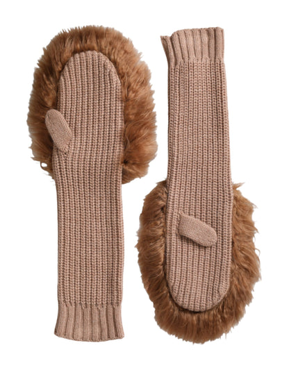 Dolce & Gabbana Bruine Kasjmier Gebreide Bont Mid Arm Wanten Handschoenen